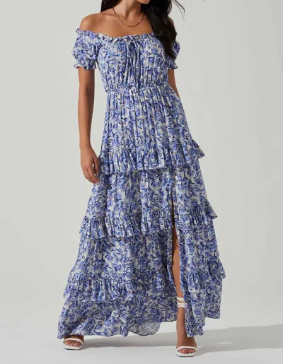 Shop Astr Viona Floral Off Shoulder Tiered Maxi Dress In Blue White Multi