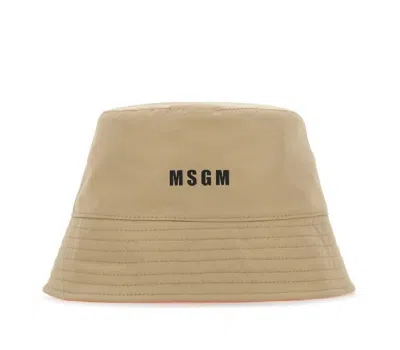 Shop Msgm Logo Print Reversible Bucket Hat In Khaki In Beige