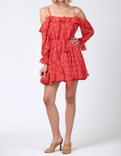 Shop Fate Floral Print Cold Shoulder Ruffle Dress In Ditsy Red In Pink