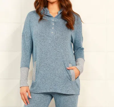 French Kyss Button Ribbed Hoodie With Pocket In Wind/tin In Blue