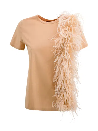 Shop Max Mara Jersey T-shirt With Feathers In Brown