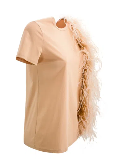 Shop Max Mara Jersey T-shirt With Feathers In Brown