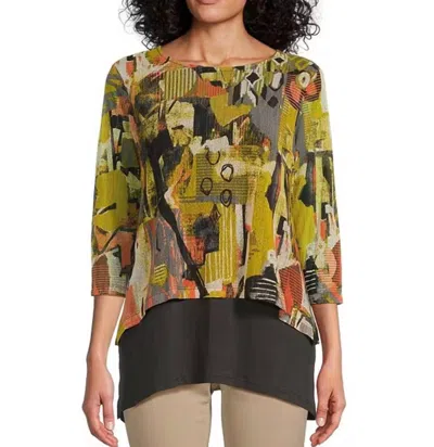 Shop Multiples 3/4 Sleeve Scoop Neck Layered Hi-lo Print Solid Knit Top In Multi In Green