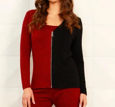 Shop French Kyss Color Block V-neck Zip Cardigan In Black/wine In Red
