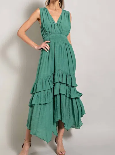 Shop Eesome Smocked Ruffle Maxi Dress In Sage In Blue