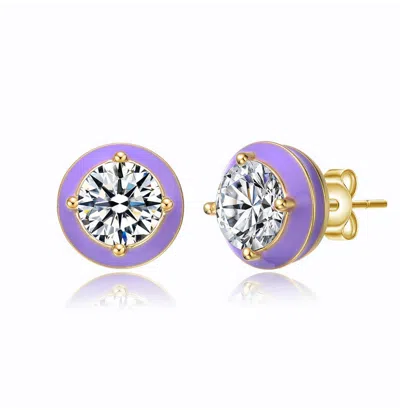 Shop Rachel Glauber Young Adults/teens 14k Yellow Gold Plated With Clear Cubic Zirconia Amethyst Enamel Round Stud Earri In Silver