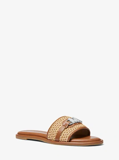 Shop Michael Kors Ember Embellished Straw Slide Sandal In Brown