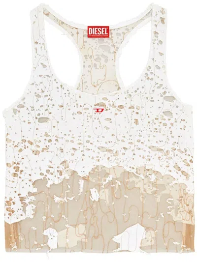 Shop Diesel T-bils-dev Tulle Tank Top With Destroyed Jersey In Ivory