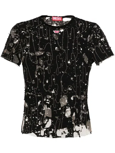 Shop Diesel T-uncyna Tulle T-shirt With Destroyed Jersey In Black