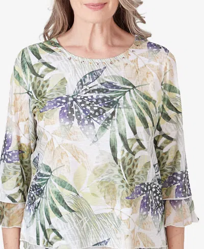 Shop Alfred Dunner Petite Tuscan Sunset Crew Neck Tonal Leaf Top In Aloe