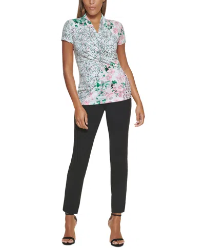 Shop Dkny Petite Printed Faux-wrap Top In Spring Patchwrok Print-french Rose Multi