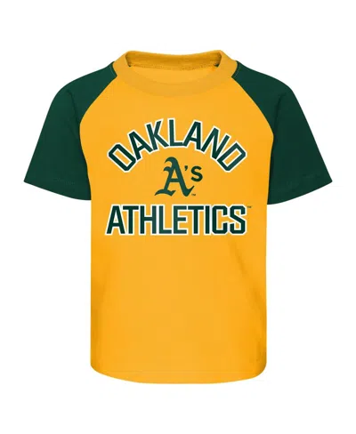 Shop Outerstuff Baby Boys And Girls Gold, Heather Gray Oakland Athletics Ground Out Baller Raglan T-shirt And Shorts In Gold,heather Gray
