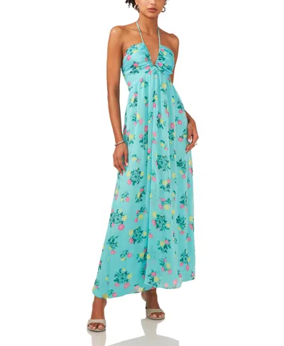 Shop 1.state Women's Tie Neck Halter Floral-print Maxi Dress In Ocean Teal