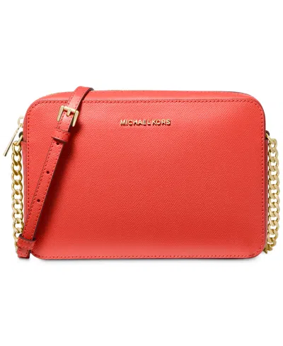 Shop Michael Kors Michael  Leather Jet Set East West Crossbody In Spiced Coral