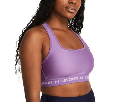 Shop Under Armour Women's Heatgear Medium Impact Sports Bra In Provence Purple,provence Purple,purp