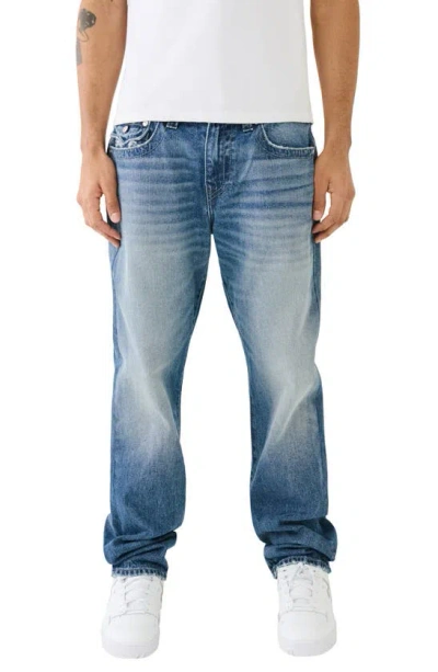Shop True Religion Brand Jeans Ricky Raw Flap Straight Leg Jeans In Cephus Medium Wash