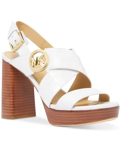 Shop Michael Kors Michael  Vera Logo Charm High Heel Platform Sandals In Optic White