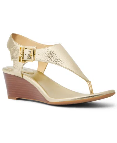 Shop Michael Kors Michael  Women's Robyn Thong Wedge Sandals In Pale Gold