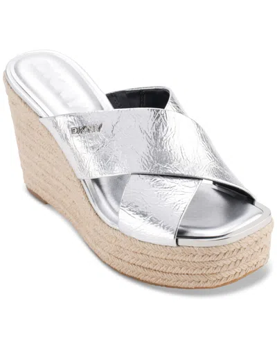 Shop Dkny Women's Maryn Crossband Espadrille Platform Wedge Sandals In Silver