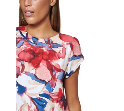 Shop Dkny Petite Floral-print Flutter-sleeve Blouse In Red Multi