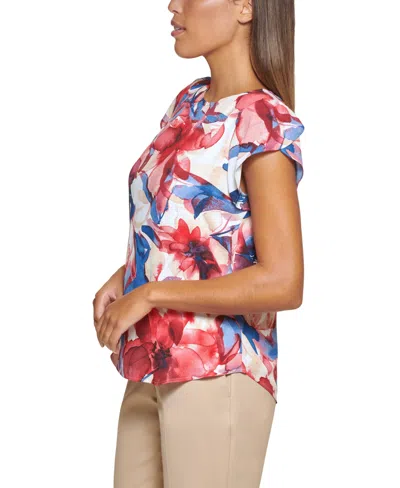 Shop Dkny Petite Floral-print Flutter-sleeve Blouse In Red Multi