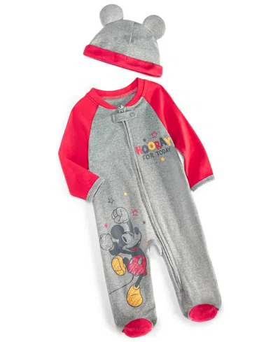Shop Disney Baby Boys Mickey Mouse Hooray Footed Coverall & Hat, 2 Piece Set In Gray