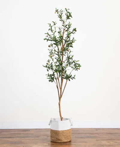 Nearly Natural 7ft. Artificial Olive Tree With Natural Trunk And Handmade Jute Basket In Green