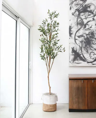 Nearly Natural 7ft. Artificial Olive Tree With Natural Trunk And Handmade Jute Basket In Green
