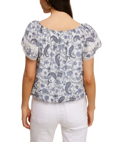 Shop John Paul Richard Leno Gauze Printed Peasant Top With Lace Trim Sleeve In Chambray,white