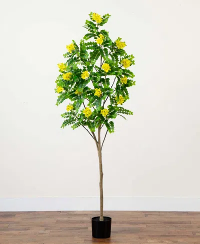Shop Nearly Natural 6ft. Artificial Flowering Citrus Tree With Real Touch Leaves In Green