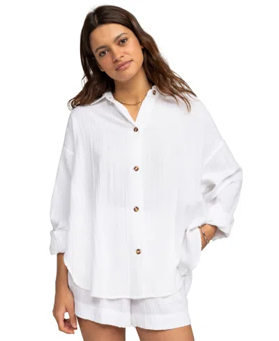 Shop Roxy Juniors' Morning Time Oversized Cotton Gauze Shirt In Snow White