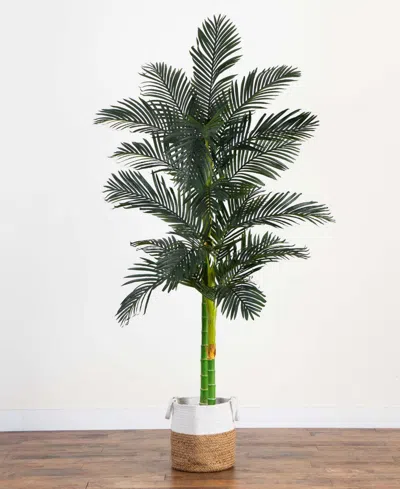 Nearly Natural 8ft. Golden Cane Artificial Palm Tree In Handmade Natural Cotton Planter In Green