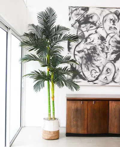 Nearly Natural 8ft. Golden Cane Artificial Palm Tree In Handmade Natural Cotton Planter In Green