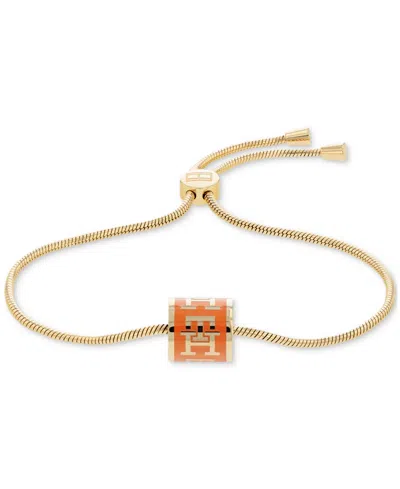 Shop Tommy Hilfiger Gold-tone Stainless Steel Logo Barrel Bead Slider Bracelet In Orange