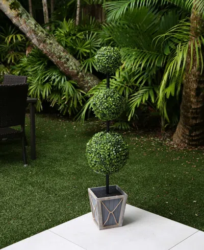Shop Nearly Natural 45in. Uv Resistant Artificial Triple Ball Boxwood Topiary With Led Lights In Decorative Planter Indo In Green