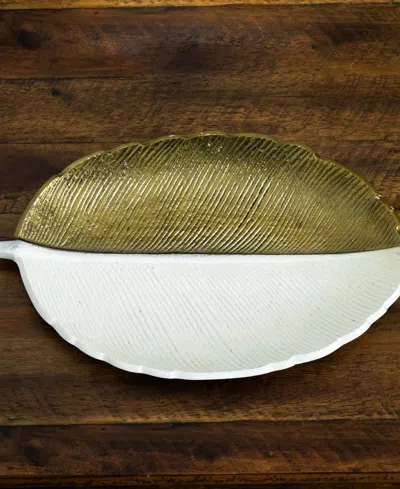 Shop Nearly Natural 14in. Gold And White Leaf Decorative Accent Tray