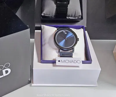 Pre-owned Movado Bold Watch Deep Blue Case, Hands, Bracelet & Sunray Dial 3600510