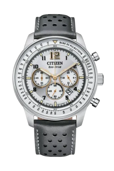 Pre-owned Citizen Ca4500-24h Eco-drive Beige Dial Chronograph Leather Strap Men's Watch