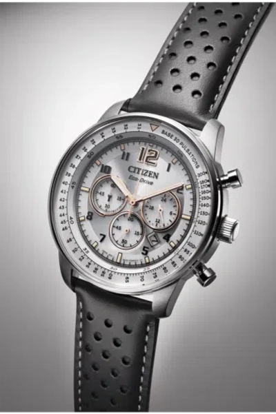 Pre-owned Citizen Ca4500-24h Eco-drive Beige Dial Chronograph Leather Strap Men's Watch