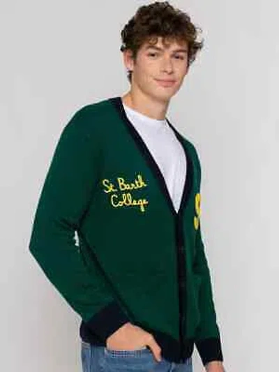 Pre-owned Mc2 Saint Barth Knitted Cardigan With Patch And St. Barth College Embroidery In Green