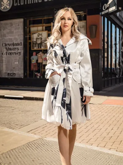 Pre-owned Samuel Dong Bubble Coat Dress White With Black Flower 11665 (bnwt)