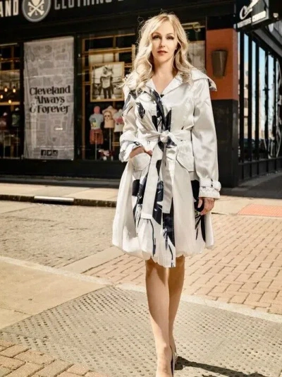 Pre-owned Samuel Dong Bubble Coat Dress White With Black Flower 11665 (bnwt)