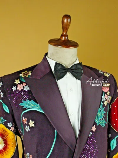 Pre-owned Bespoke Men's Made To Order Wine Velvet Floral Embroidered Long Coat For Cocktail Party In Red