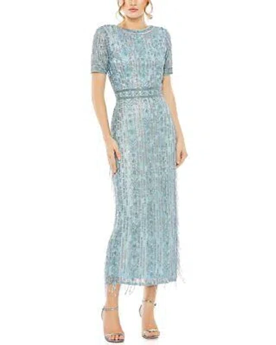 Pre-owned Mac Duggal High Neck Crystal Fringe Column Dress Women's In Blue