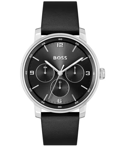 Hugo Boss Men's Contender Quartz Multifunction Black Leather Watch 44mm In Black Leather