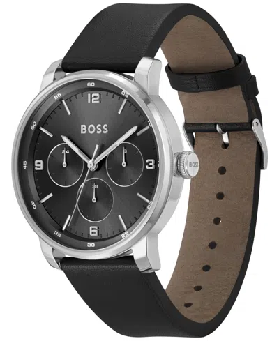 Hugo Boss Men's Contender Quartz Multifunction Black Leather Watch 44mm In Black Leather