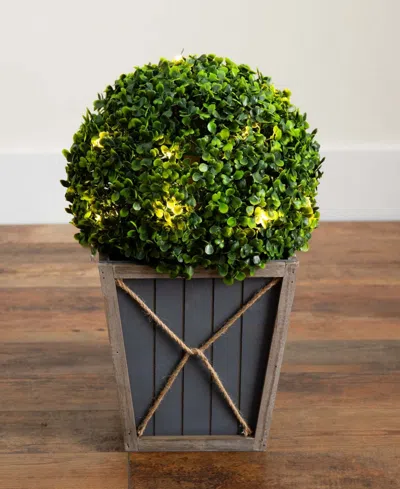 Nearly Natural 18in. Uv Resistant Artificial Boxwood Ball Topiary With Led Lights In Decorative Planter Indoor/outd In Green