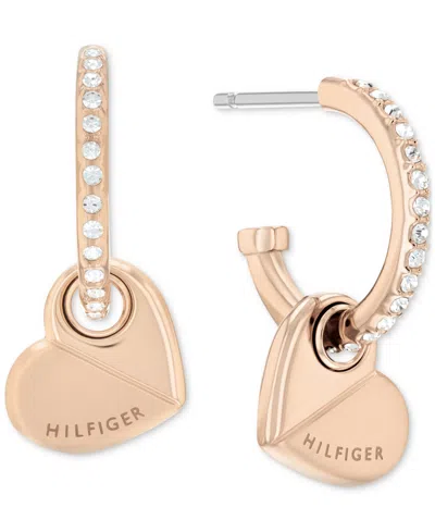 Shop Tommy Hilfiger Gold-tone Stainless Steel Heart Charm Pave Hoop Earrings In Carnation