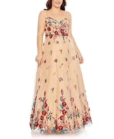 Shop Mac Duggal Embellished Butterfly Sleeveless Lace Up Gown In Nude Multi