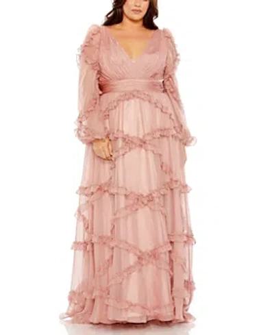 Shop Mac Duggal V Neck Ruffle Tiered Puff Sleeve Gown In Dusty Rose